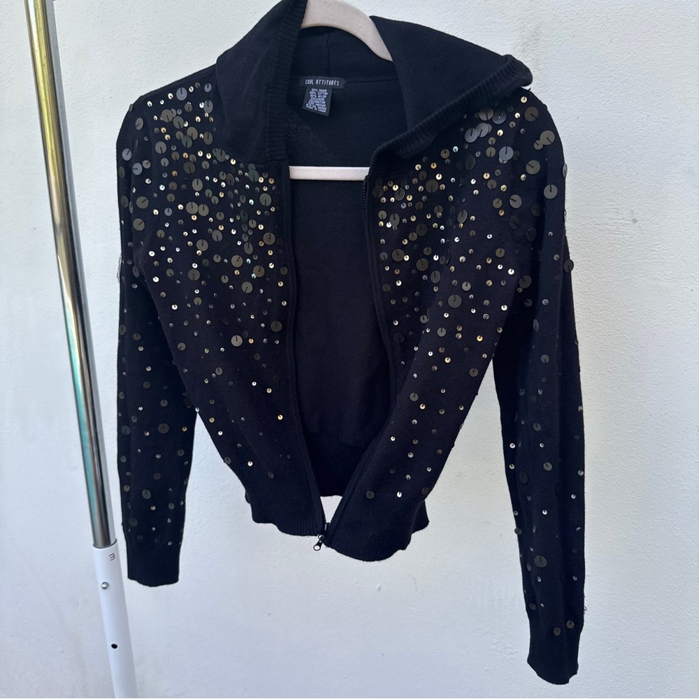 Y2K Black Bronze Embellished Hooded Knit Zip Up Jacket Size Medium